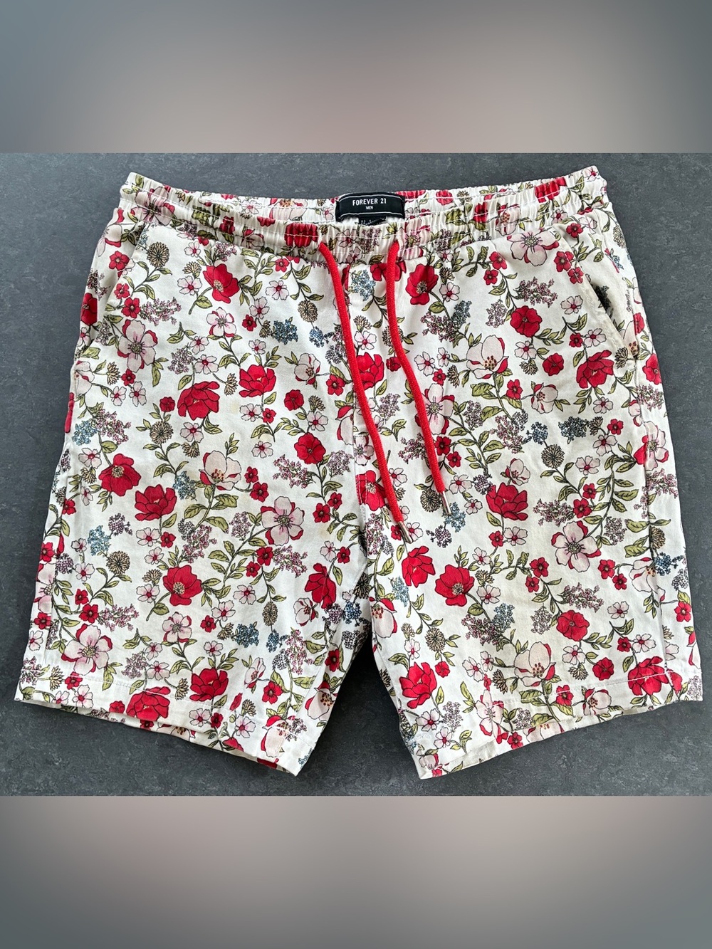 Forever 21 White Floral Drawstring Shorts - Red Floral Print - Small
